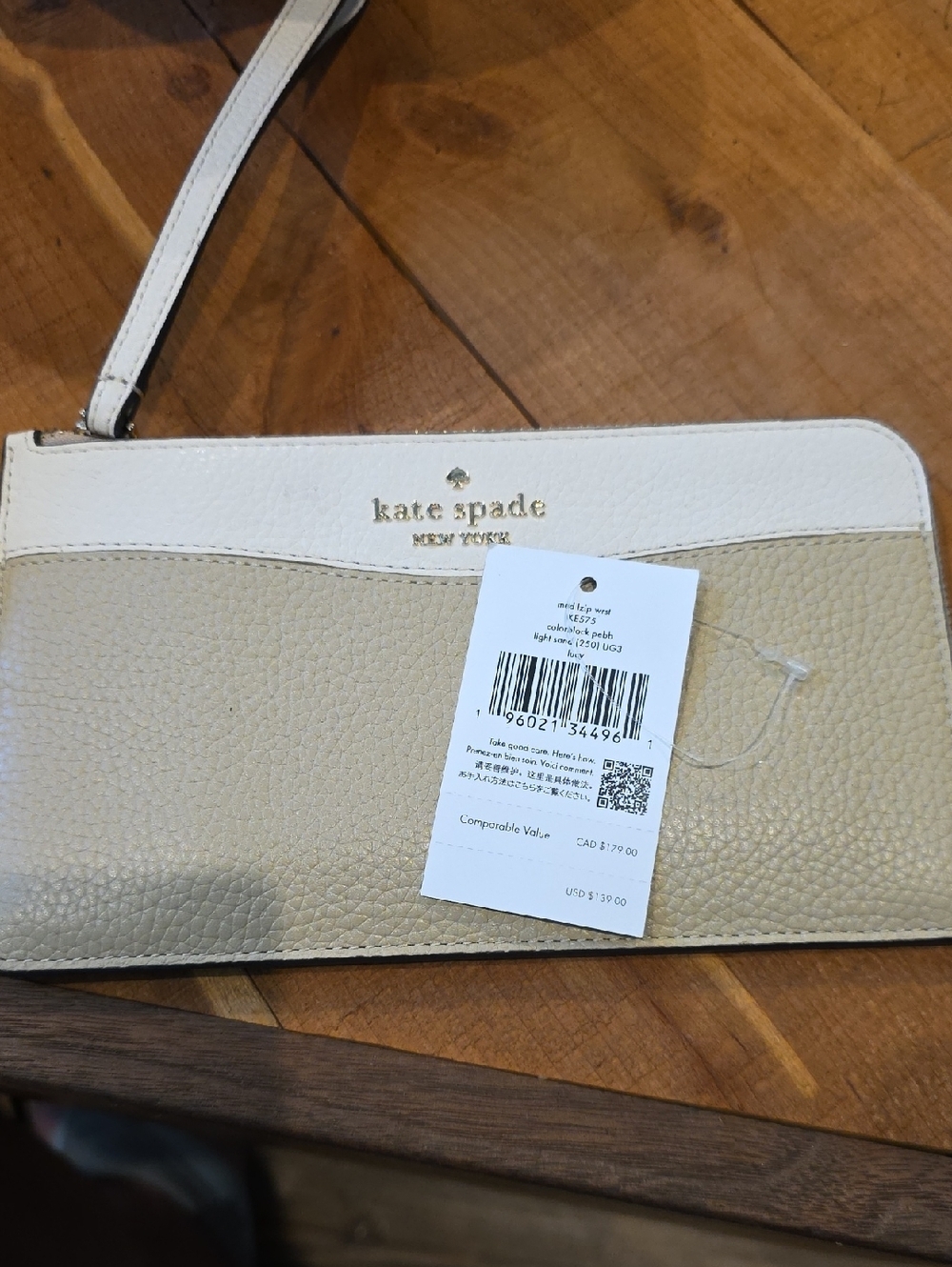 Kate spade , medium zip wristlet in color block pebble leather light sand lucy